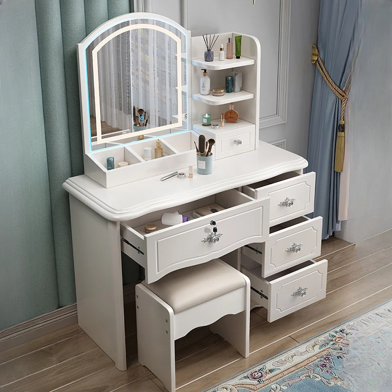 

Nordic White Design Dresser Storage Modern Wood Hotel Bedroom Drawer Makeup Table Women Mirror Schminktisch Home Furniture