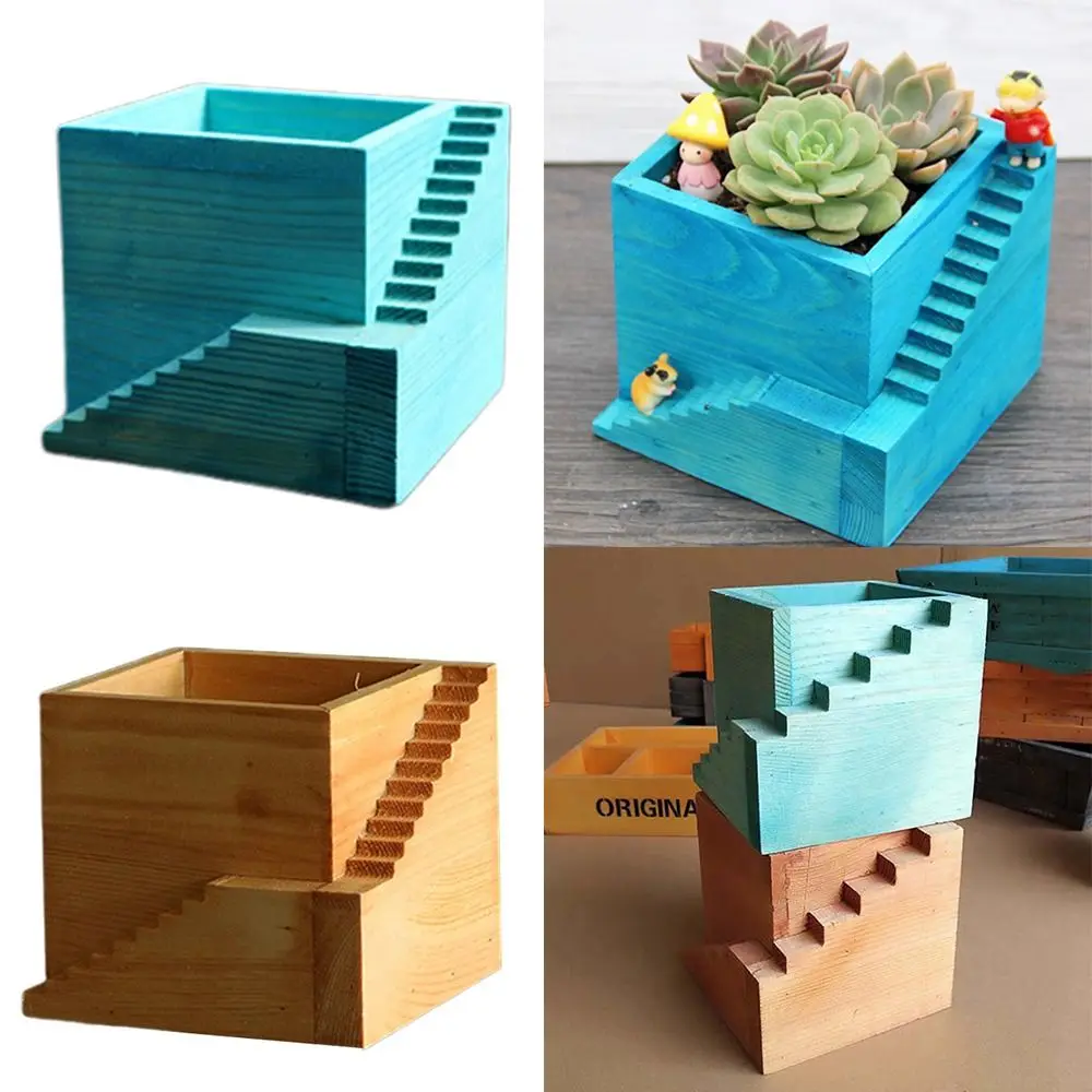 Multifunctional Succulent Flowerpot Upstairs Wood Desktop Sundries Organizer Yellow Blue Plant Pot Box Storage Box Home Office