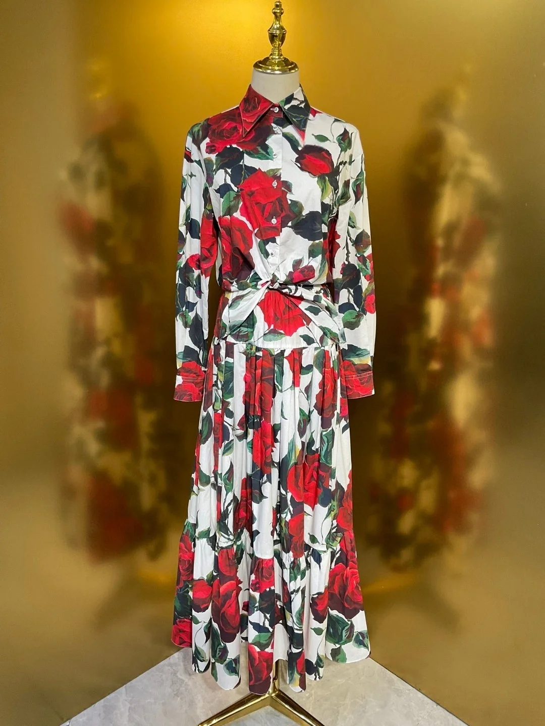 Luxury Fashion Women's Rose Print Cotton 2 Piece Set  Tie-Waist Long Sleeve Shirt & Maxi Skirt High Quality Spring Casual Outfit