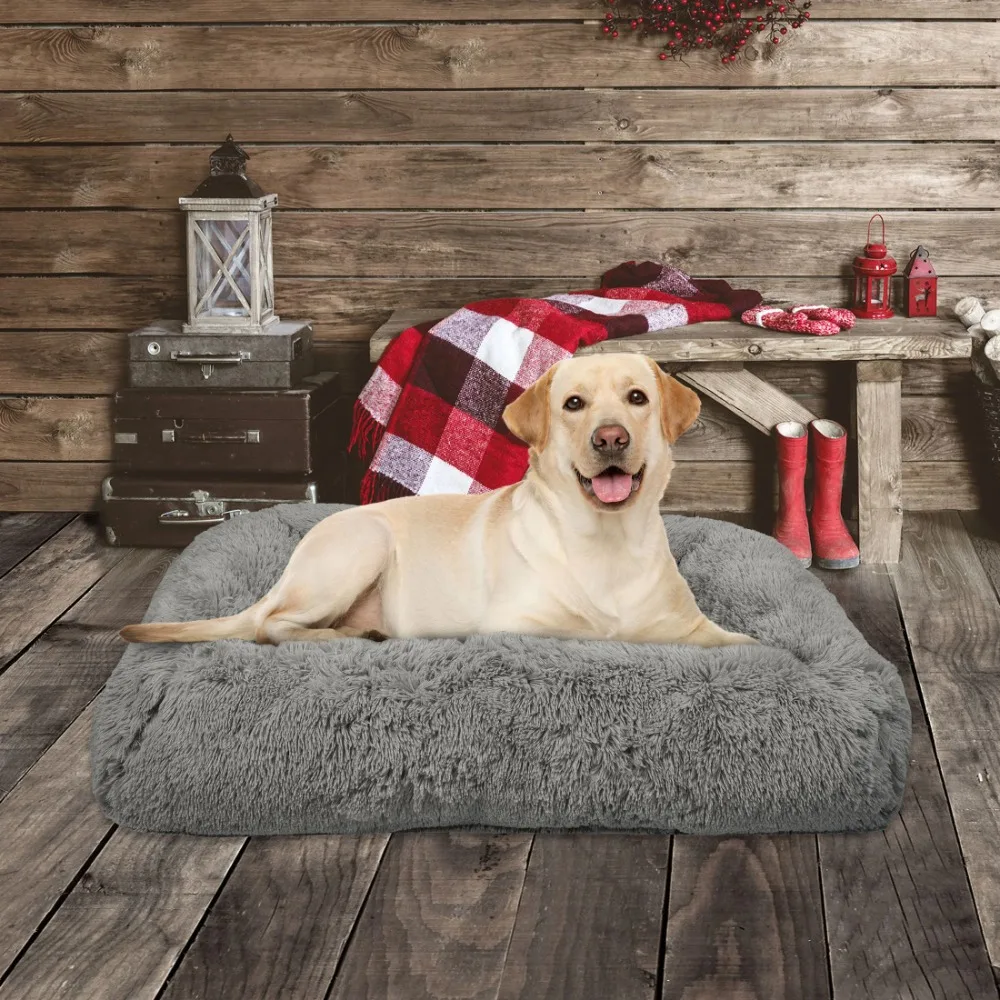 

Large Furry Bolster Dog Bed, Taupe, Removable machine-washable cover, Bolstered for comfort and support