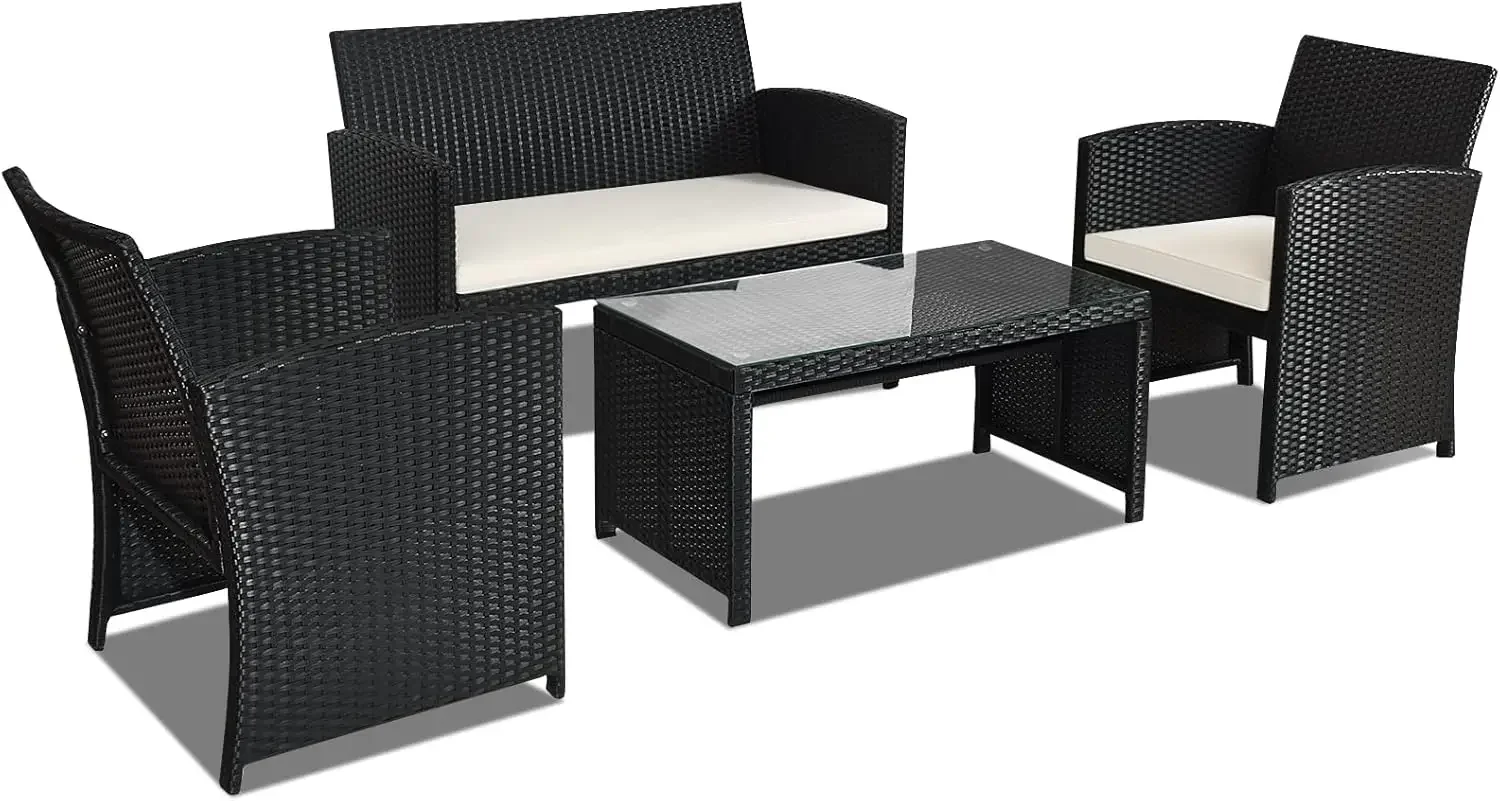

4-Piece Rattan Patio Furniture Set, Outdoor Wicker Conversation Sofa with Weather Resistant Cushions and Tempered Glass Tabletop