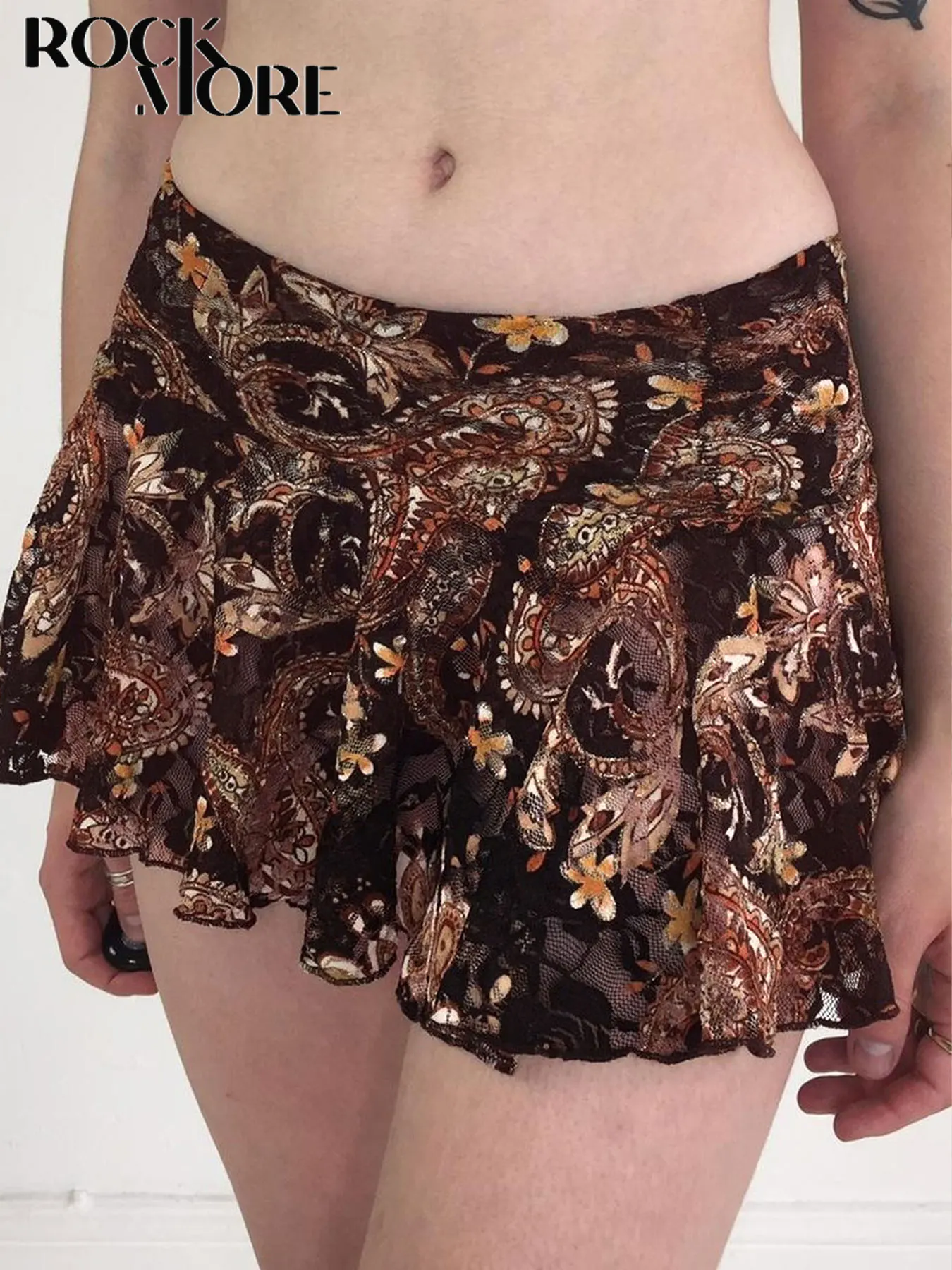 

Rockmore Vintage Brown Lace Short Skirt Y2K Aesthetic Cashew Print Shirt Women Chic Low Waist Skirts Grunge Fairycore Mini Skirt