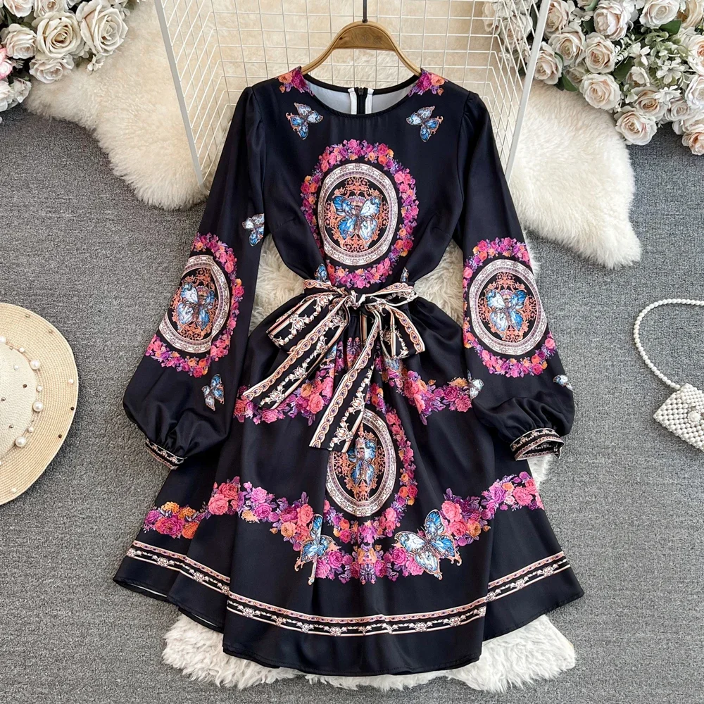 

Autumn Black Knee Dress for Women Paisley Lace Up Floral Printed Lantern Hem Dresses Palace Luxury Runway Short Vestidos New In