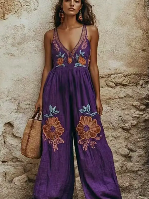 Summer New Women's Wideleg Jumpsuit Retro Floral Print Cotton Strap High Waist Long Pants Commute Style Polyester Fiber