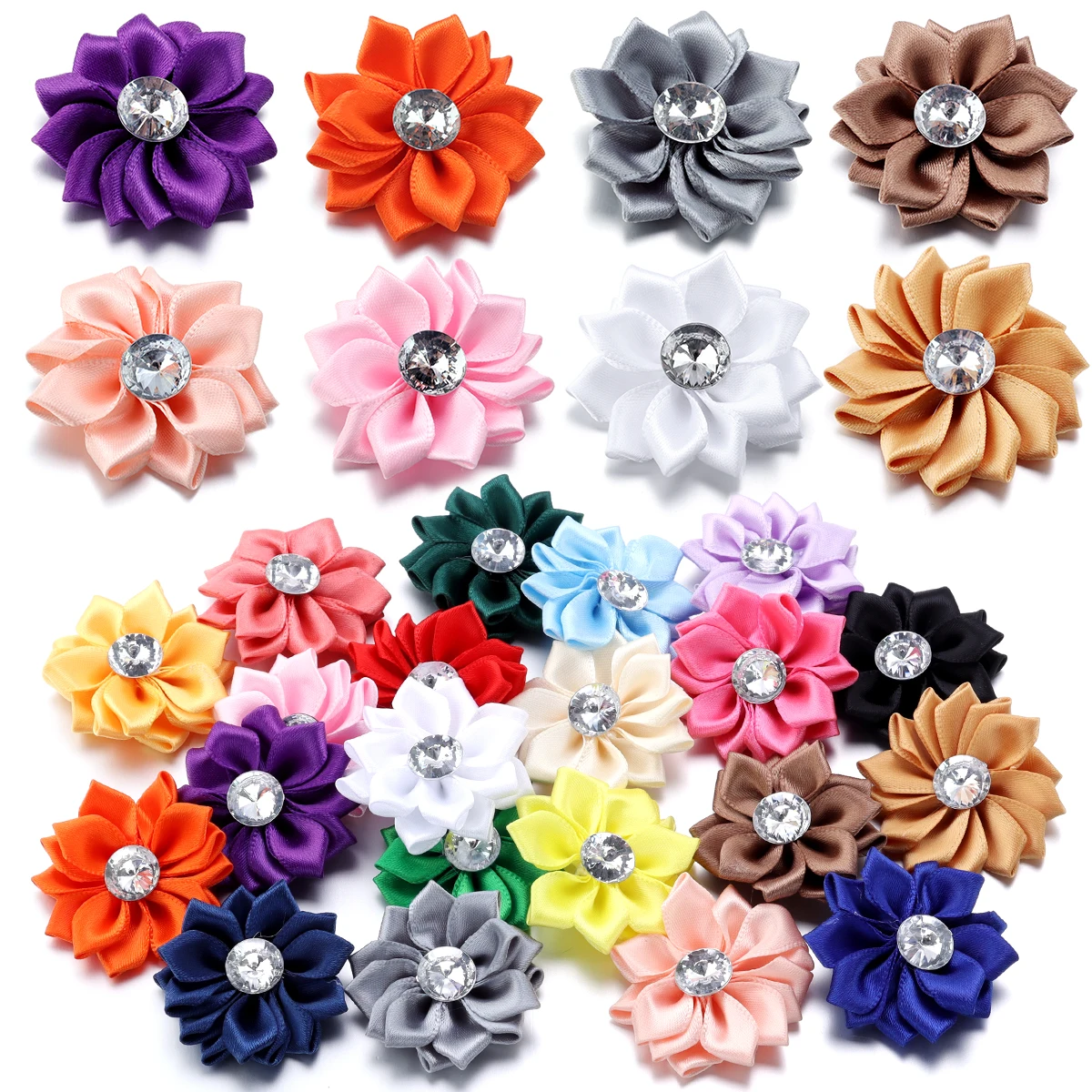 20Pcs Mini Satin Ribbon Flowers 14Point Polyester Lotus Headpiece with Diamond for DIY Hair Clip Clothing Decoration Accessories