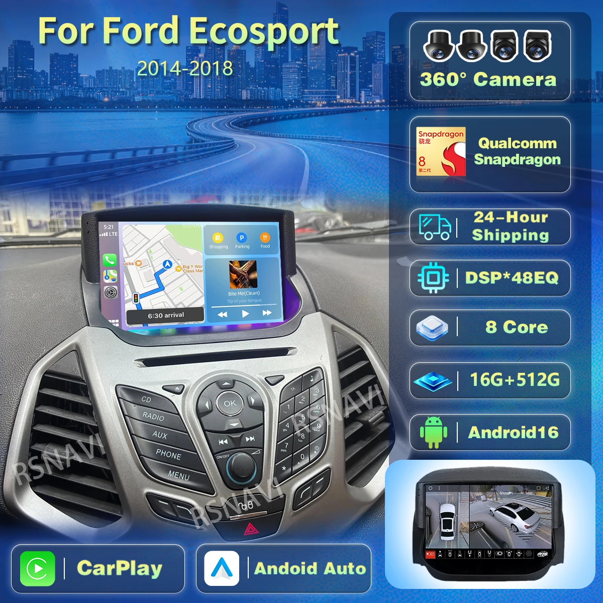 Qualcomm Android 16 2K Screen Car Radio Carplay Auto Multimedia Player For Ford Ecosport 2013-2017 DSP Autoradio Stereo GPS 4G