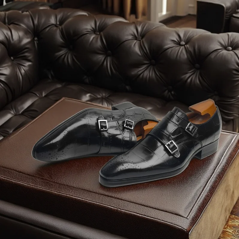 

Men's Handmade Dress Shoes Custom Double Buckle Wedding Formal Slip-On Brock Loafers Pointed Toe Height Increasing Design