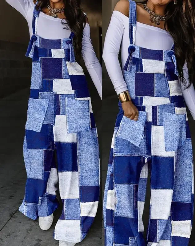 CPSYMYM Tuta da donna estiva con pannelli a contrasto gamba larga casual colletto quadrato senza maniche tuta con bretelle quotidiana Streetw