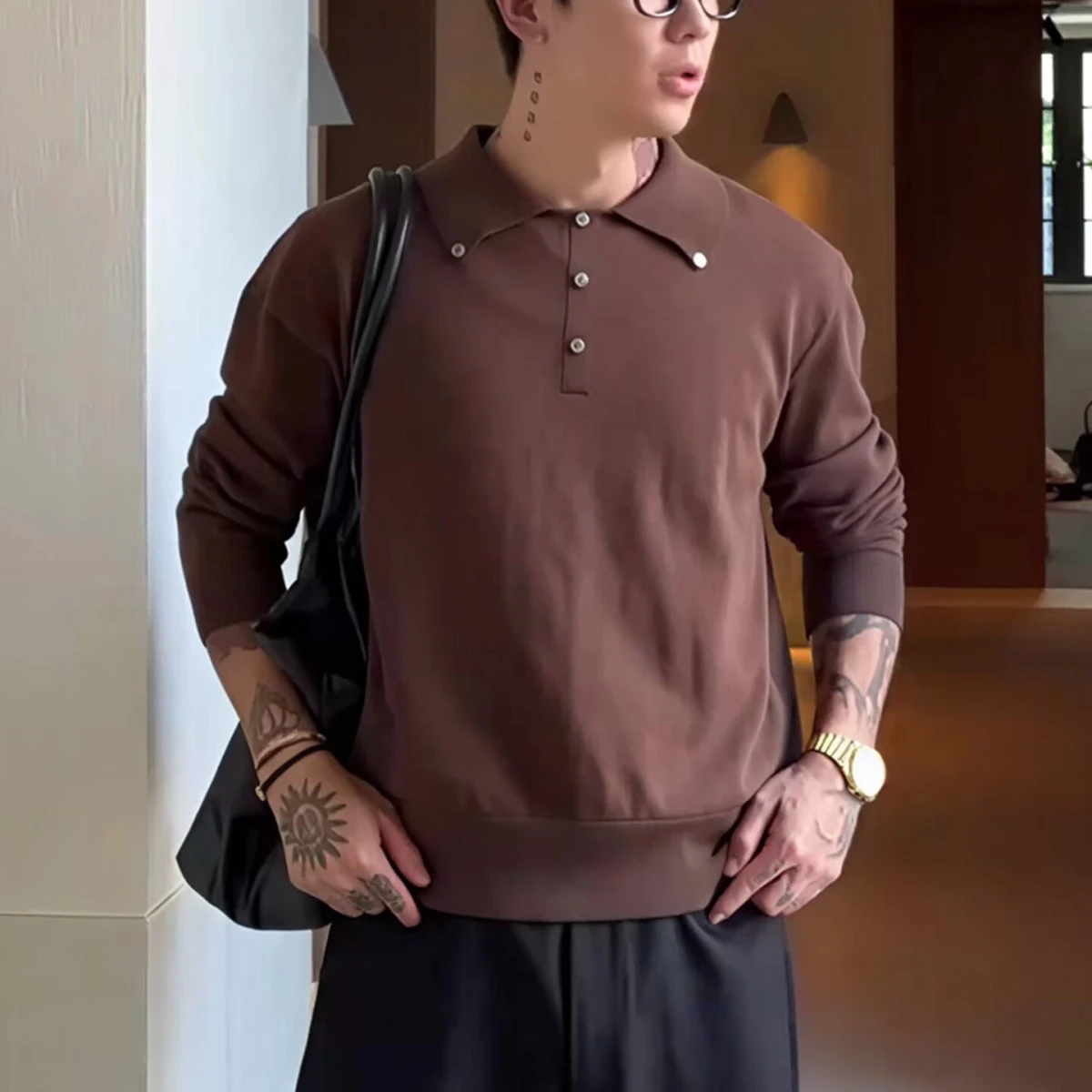 

Свободная трикотажная футболка Long Sve irt для мужчин, винтажная простая футболка с отложным воротником, весна-осень, новинка, большой размер B...