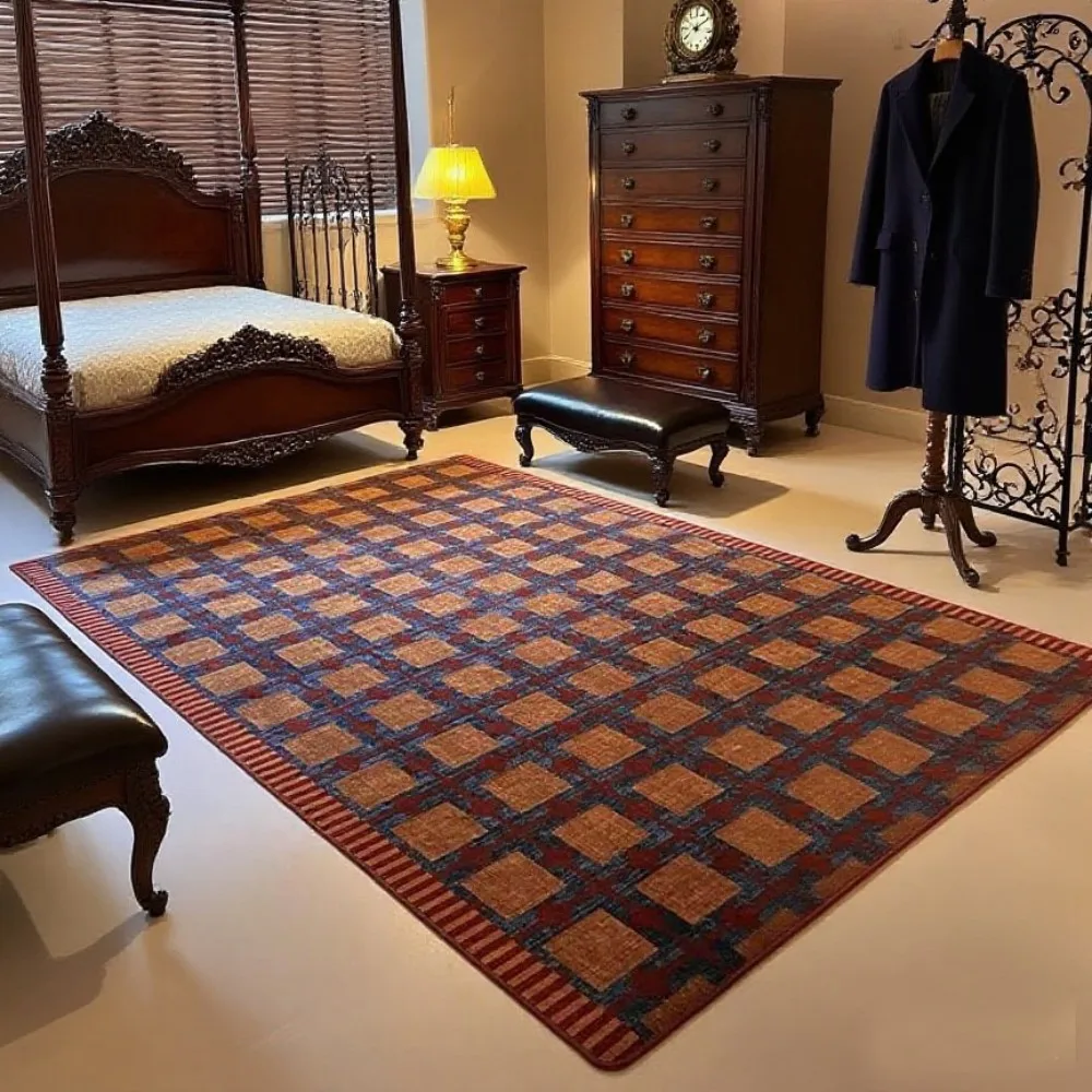 VIKAMA American Retro Checkered Carpet Contrasting Colour Bedroom Living Room Study Carpet Classic Home Decor