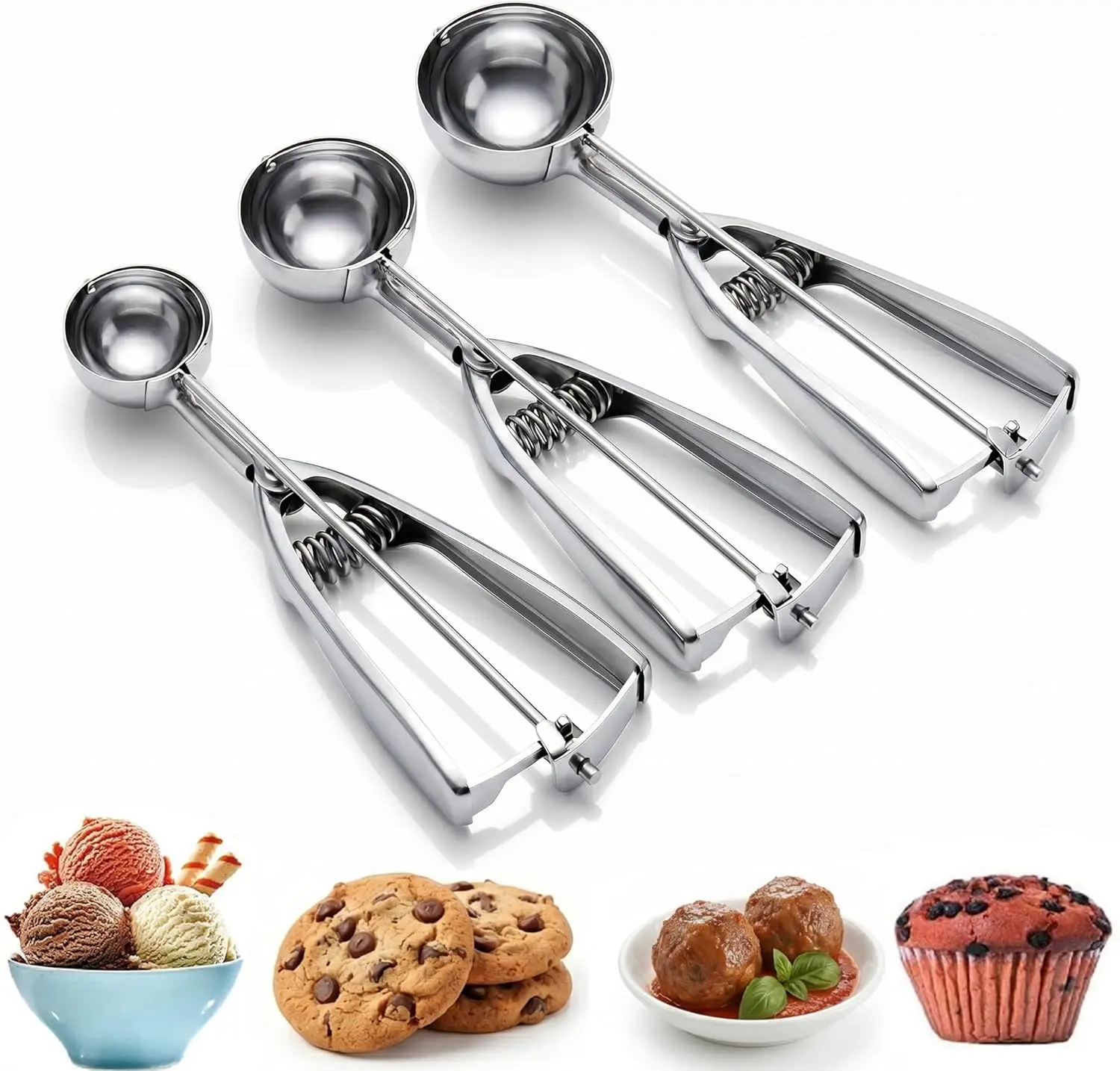 

3-Piece Stainless Steel Ice Cream Scoop Set with Trigger Release, Large/Medium/Small Cookie Scoops for Baking