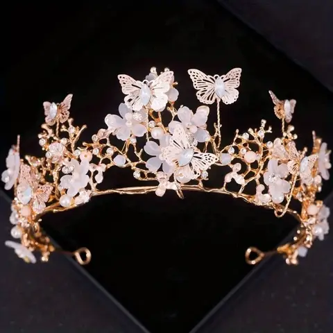 Bridal Crown Baroque Pearl Rhinestone Crown And Tiara Butterfly Hairband Wedding Hair Accessories Princess Crown Bride Tiaras