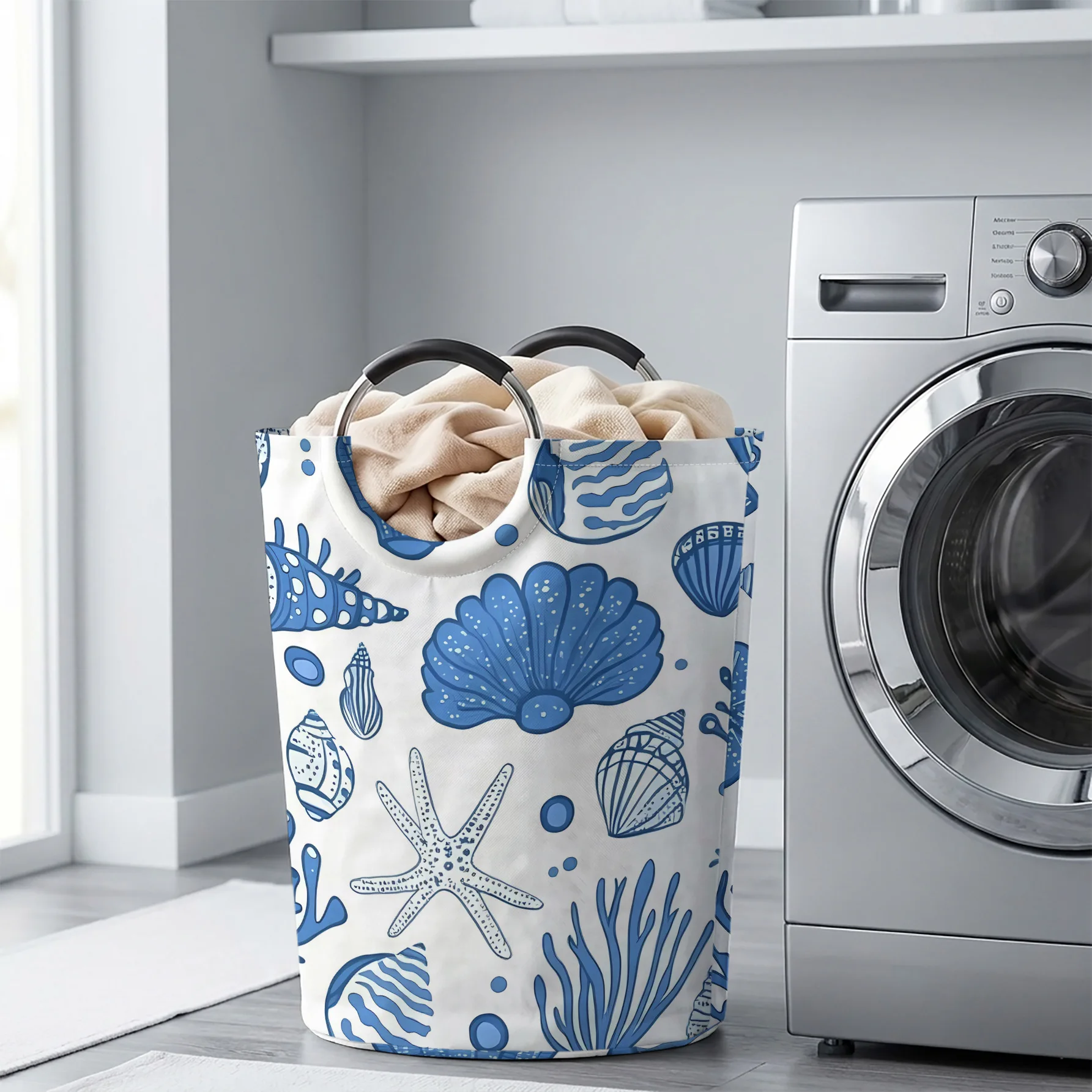 Ocean Shell Starfish All Over Print Storage Basket, Large Capacity Handheld, for clothes, toys and sundries storage