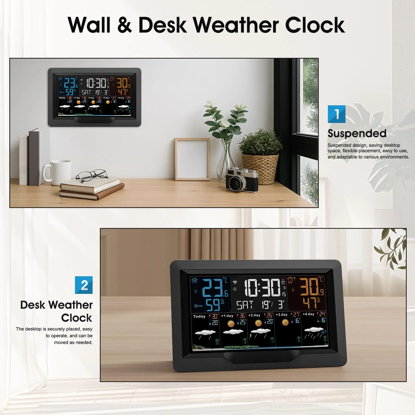 WiFi Weather Station Indoor Outdoor Wireless Smart Forecast Thermometer Hygrometer with 3 Alarms Tuya APP Control USB Charging
