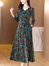 2024 Green Print Long Sleeve V-Neck Midi Dress Women Luxury Elegant Party Night Dress Autumn Winter Korean Vintage Casual Dress