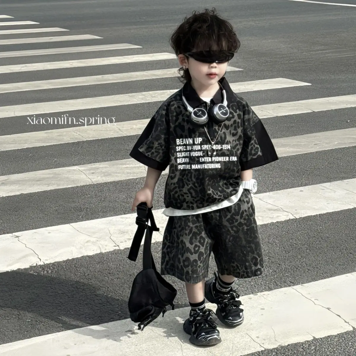 

Boys' summer outfit set new handsome children's leopard print short sleeved T-shirt+shorts 2-piece set