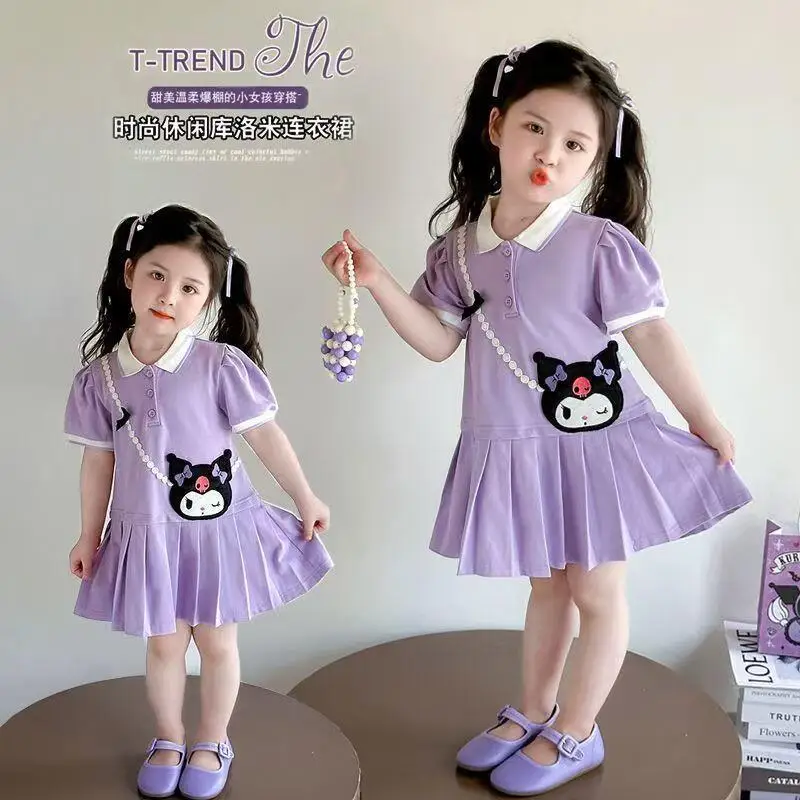 

2026 New Anime Girls Dress Lolita Summer Kuromi Kawaii Cotton Skirt Kid Cartoon Fashion Sweet Soft Bow Mesh Sweet Casual T-Shirt