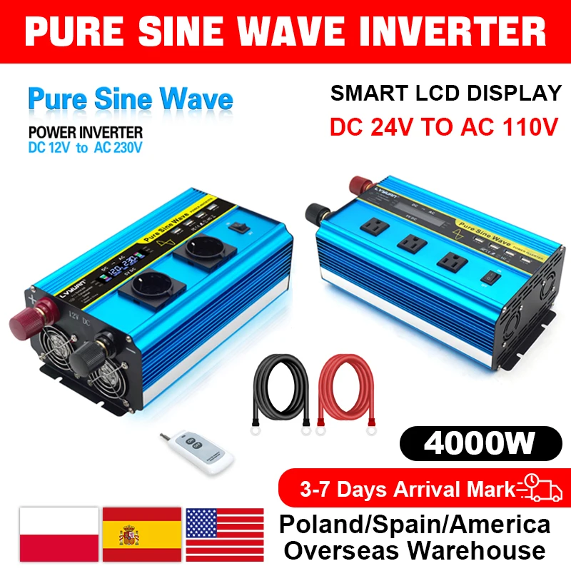 

4000W Pure Sine Wave Inverter 12V 220V 110V DC 12v/24v To AC 220v 110v Voltage Converter Car Solar Power Inverter