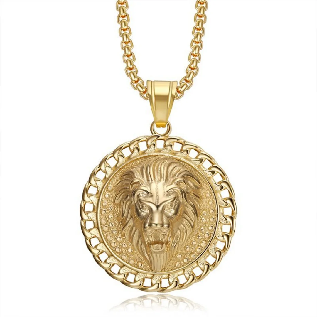 

Мужской кулон в стиле панк с головой льва, золотистого и серебристого цвета, из нержавеющей стали, с кубинской цепочкой, круглое ожерелье для мужчин, стильное украшение.