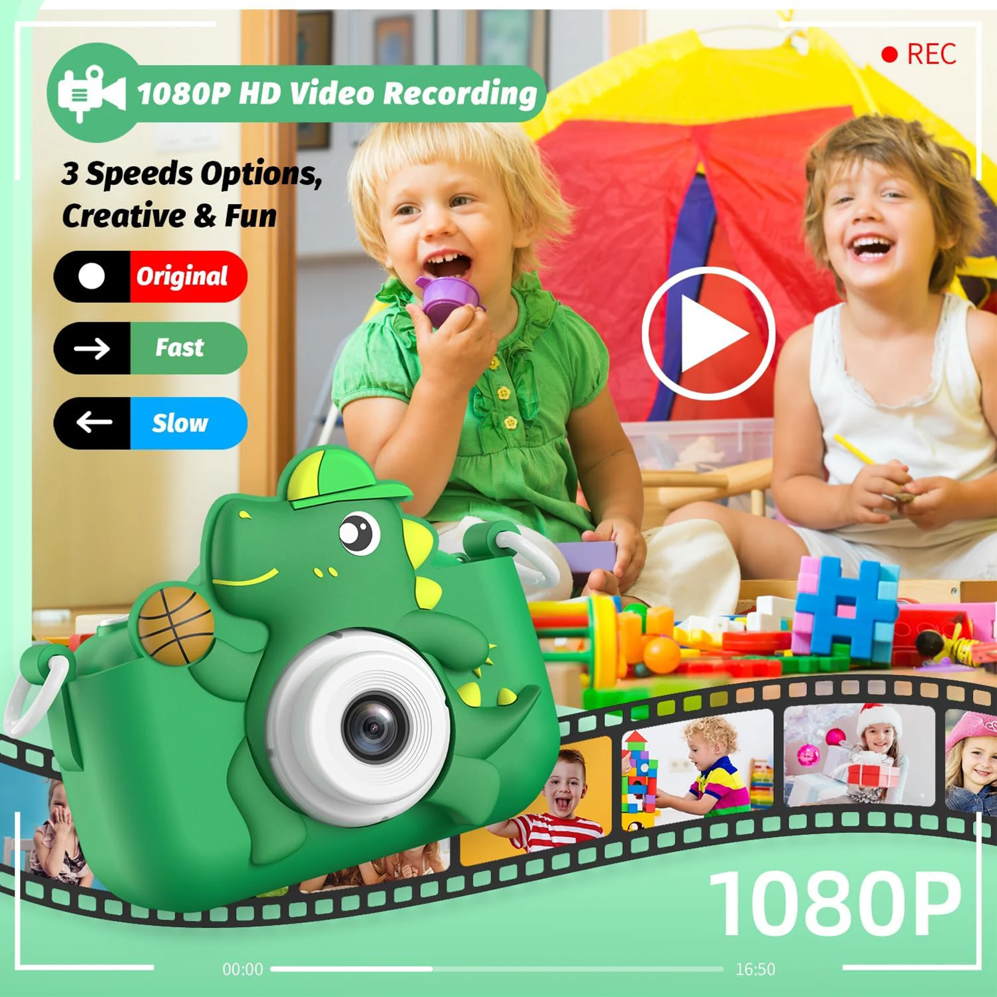 كاميرا رقمية للأطفال مع بطاقة SD لعبة فتاة صبي 1080p شاشة عالية الدقة في الهواء الطلق كاميرا ديناصور الكرتون التصوير الفيديو هدايا عيد الميلاد