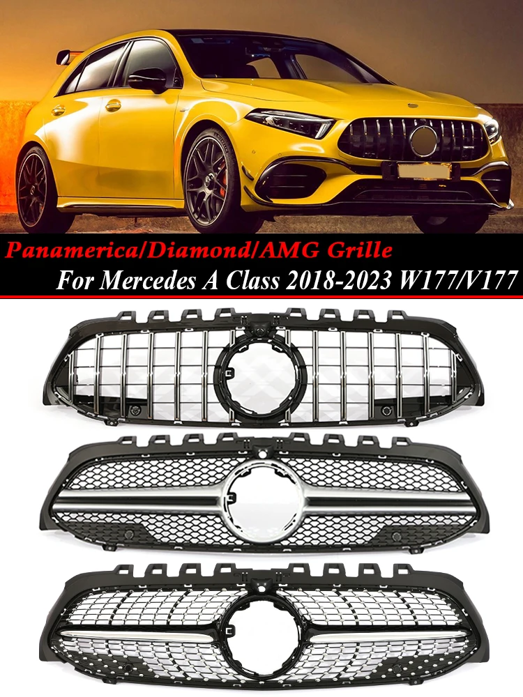 Silver Style Front Bumper Racing Grill, Mercedes Benz A Class W177, Panamericana GT Diamond, A180, A200, A250, AMG 2019-2023