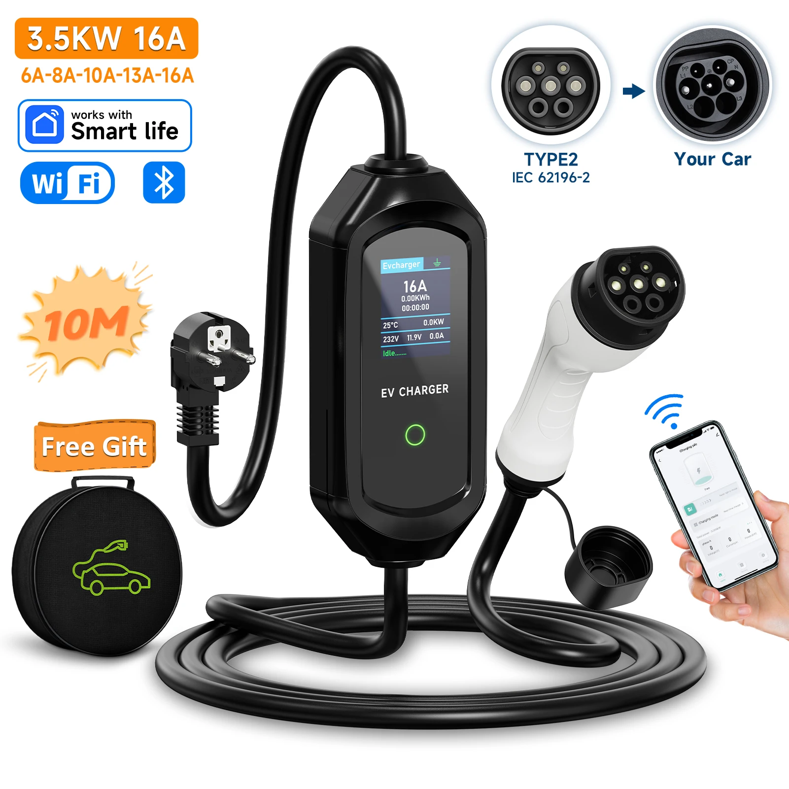 AFEEV 3.5KW 16A 1 Fase Draagbare EV Charger Type2 IEC62196-2 EVSE Snelle Oplaadkabel Wallbox WiFi APP Bluetooth Draadloze Controle