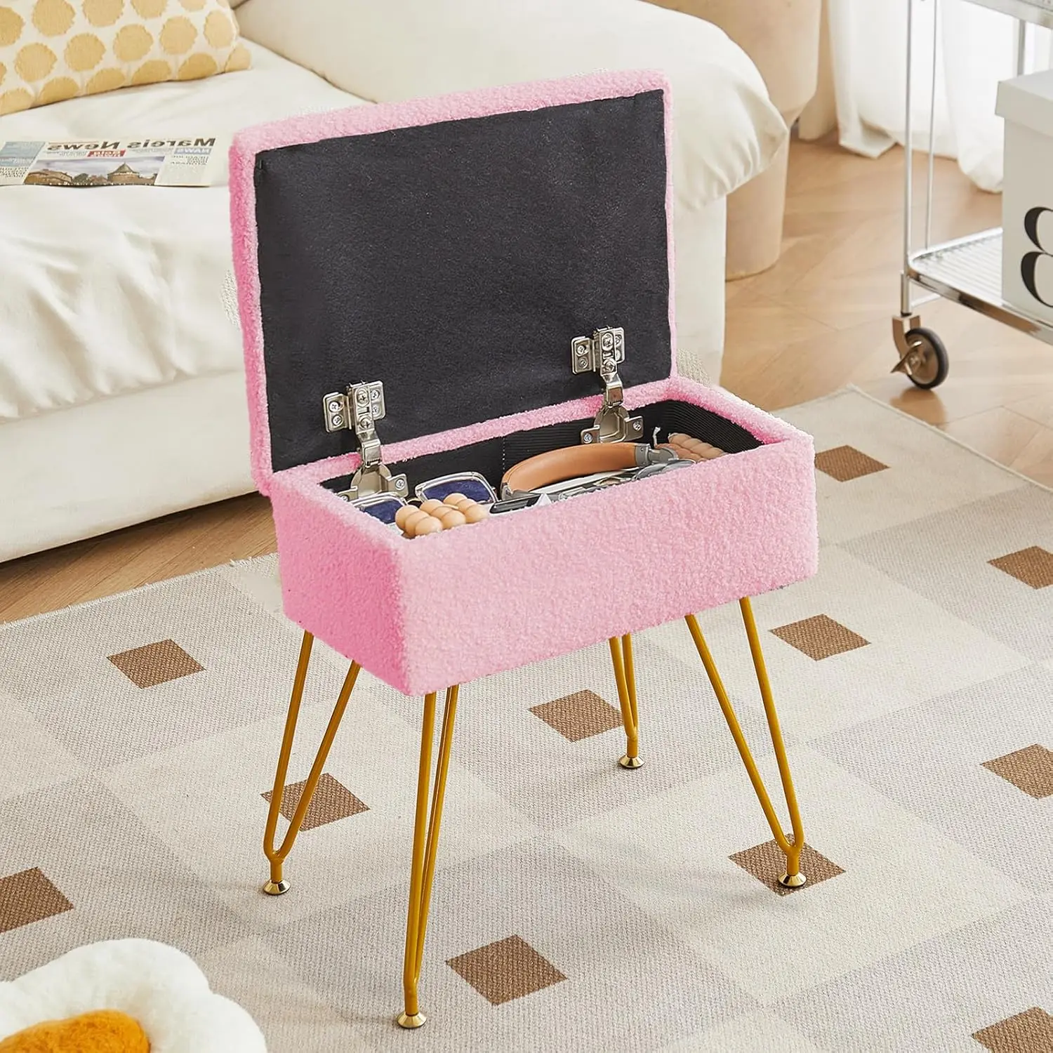 

Alessing Vanity Stool Chair Ottoman With Storage, Sherpa Vanity Chair For Makeup Room, Rec Vanity Stools With Metal Legs, Soft