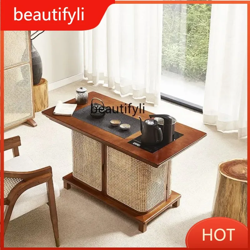 A139 New Chinese Style Solid Wood Rattan Tea Table Modern Minimalist Tea Cabinet Integrated Zen Table and Chairs