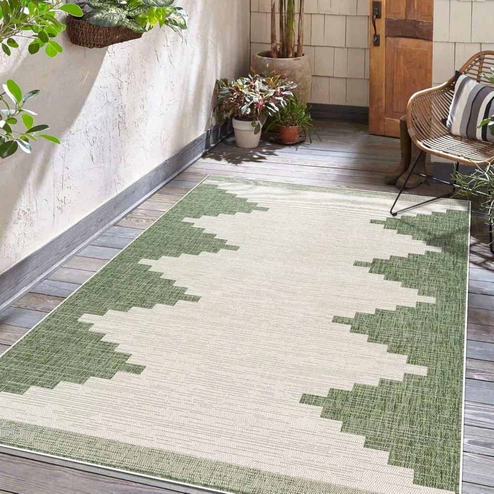 

Djugun Outdoor Area Rug Porch Patio Rug Carpet - Waterproof Geometric Green, Cream, Gray, Off White