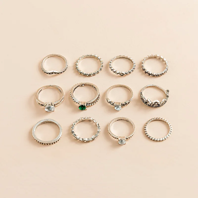 12 pieces mozzarella diamond ring wholesale retro silver flower old design sense niche diamond index finger ring set
