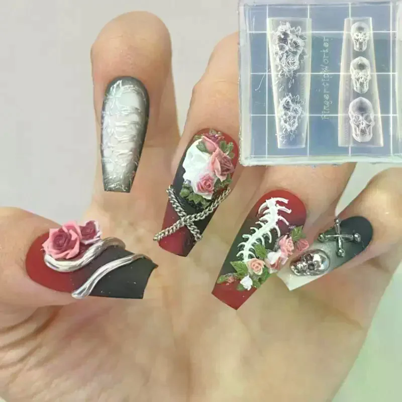 روز الجمجمة 3D سيليكون مسمار الفن العفن زهرة الأزهار DIY قالب شفاف مسمار الفن الديكور مانيكير تصميم أداة
