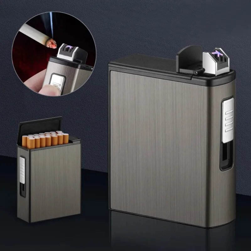 20Pcs Large Capacity Automatic Cigarette Case Lighter USB Rechargeable Windproof Double Arc Lighter Men\'s Smoking Accessories