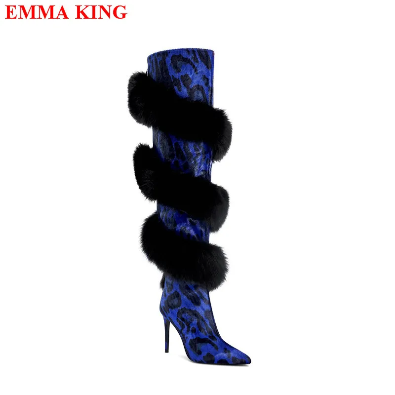 Winter Women Blue Leopard Fur Cross-tied Thigh High Boots Furry Pointed Toe Over The Knee Boots High Heels Designer Ladies Shoes