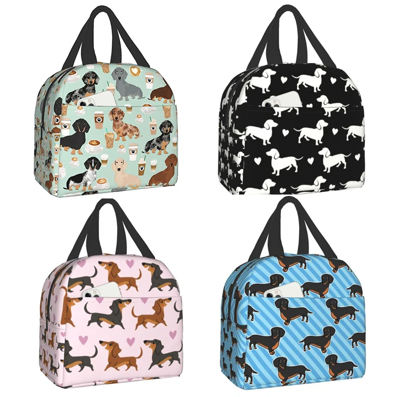 Cute Colored Coffee Dachshund Reusable Insulated Lunch Bag Cooler Tote Box Container with Front Pocket for Woman Man