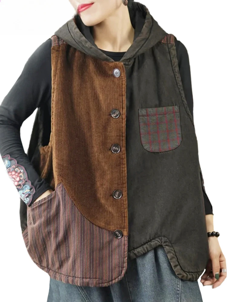 2024 New Winter Fashion Sleeveless Women's Hooded Loose Corduroy Denim Cotton-padded Women's Retro Coat Casual Vest