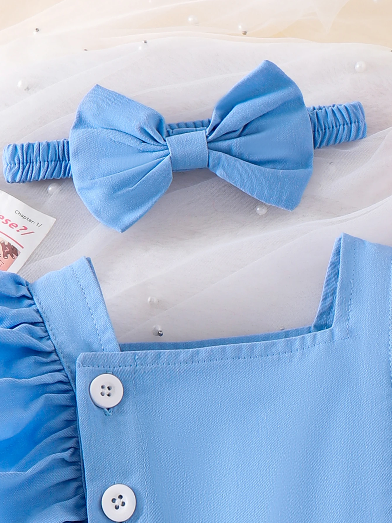 2PCS Autumn 0-1 Year Old Girl Newborn Baby Comfortable Simple And Cute Blue One-Piece Suit + Hair Band