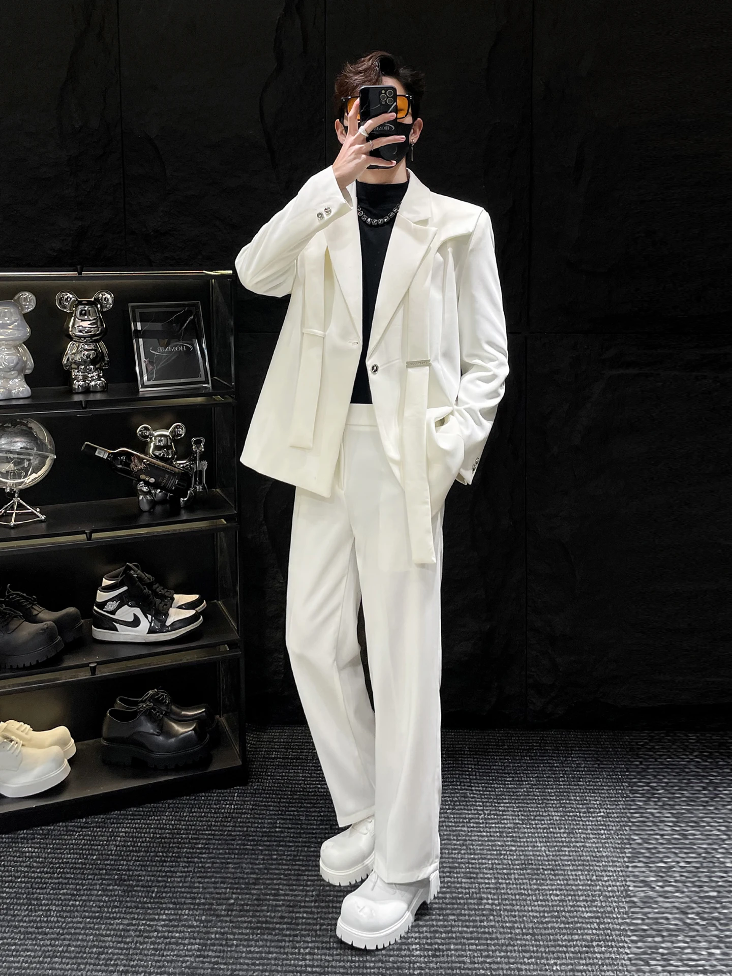 

HOMME Men's Two-Piece Suit Set with Sa Splice Trendy High-End Feel Loose Fit Autumn Wear Single Button Plain Color