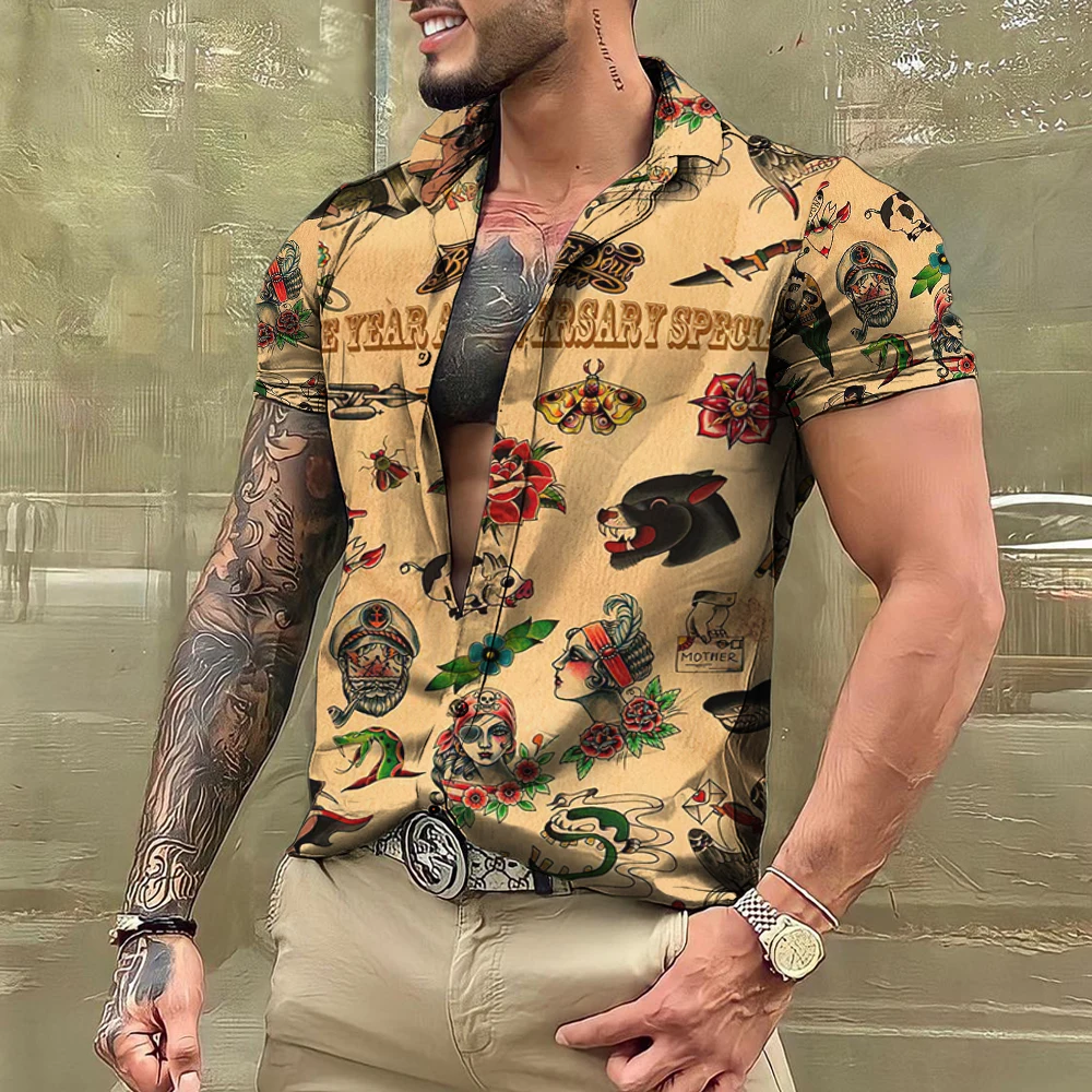 Summer Tattoo Shirt Hawaiian Shirts For Men Brand Short Sleeve Tops Tees Casual Men\'s Blouse Fashion Camisas De Hombre Clothing