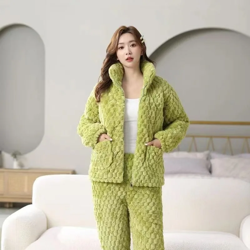 Pajamas Women's Winter Velvet Thickened Loungewear Set Golden Turtle Velvet Three-layer Padded Thickened Zipper Extra Thick Go