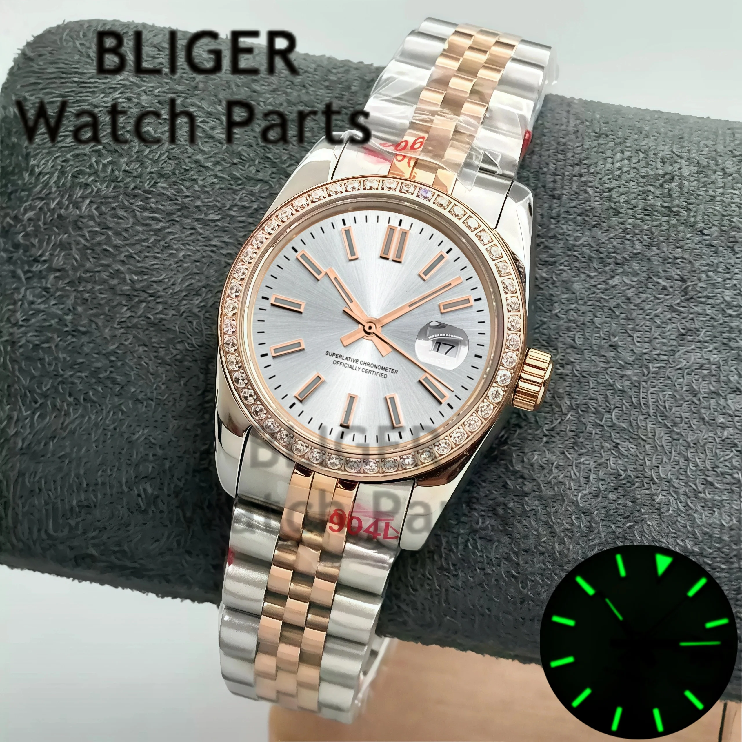 BLIGER 31 مللي متر خاتم غوص ميكانيكي للسيدات ساعة يد فضية وردية قرص فريتيلاري تخزين طاقة مقاوم للماء مع حركة NH05