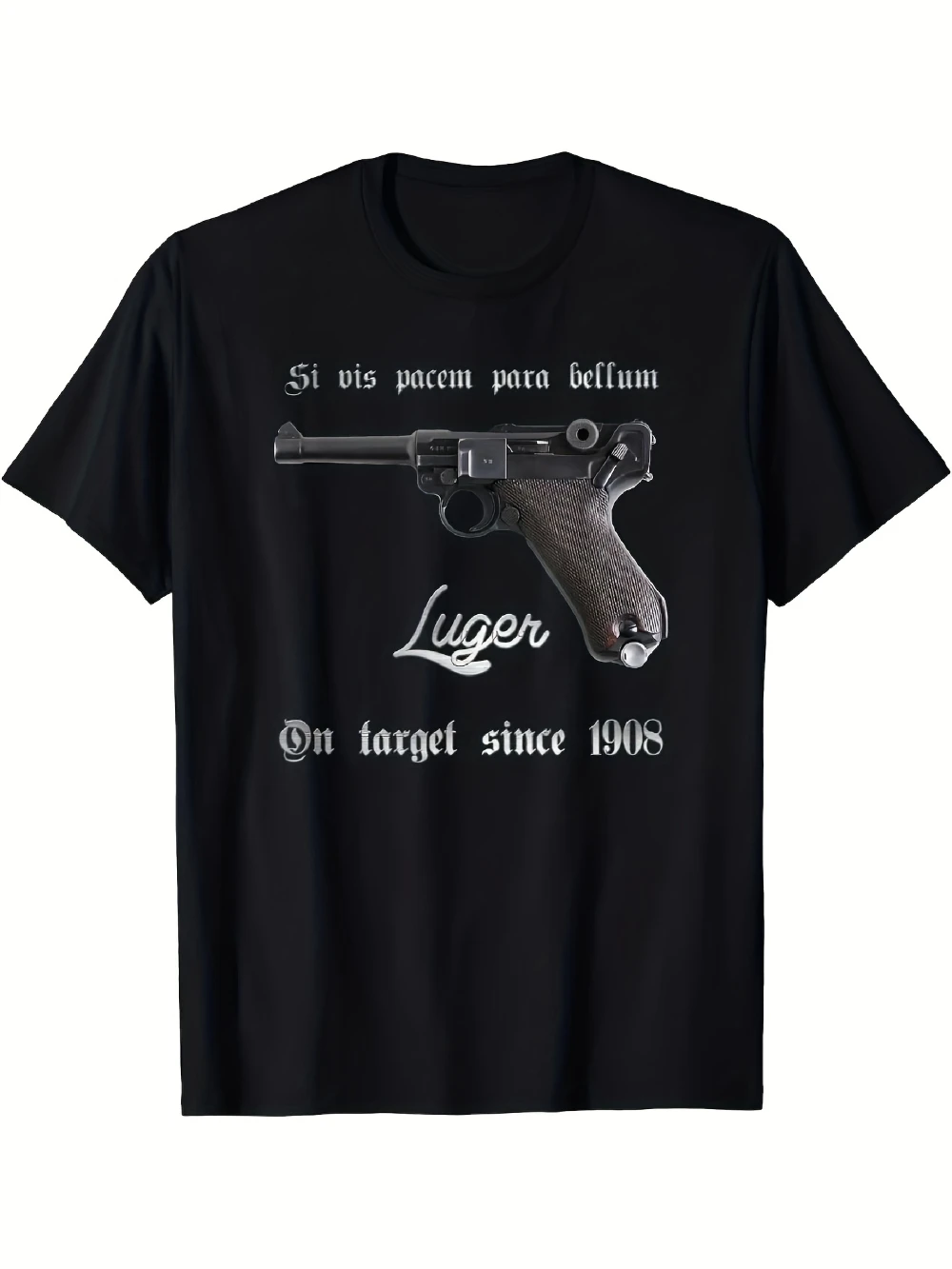 Camiseta gráfica retro para hombre Mauser P08 9mm Luger, impresa con la frase "Si Vis Pam Para Bellum" y diseño de 1908, estilo casual militar