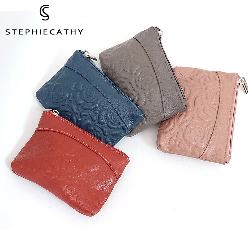 SC Brand Summer Style Women Genuine Leather Wallet Fashion Flower Print Zip Coin Purse Key Chain Pocket Portable Versatile Bag