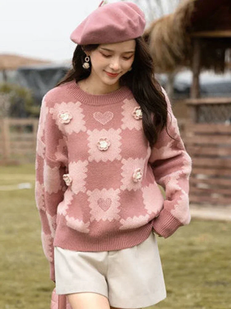 

Winter Youth Sweet Women's Knitted Sweater Pink Flower Checkerboard Thickened Warm and Casual Girl's Style Knitted Sweater Tops