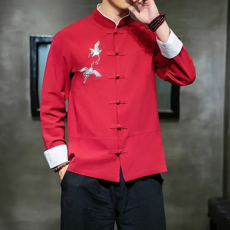 Crane Embroidery Shirts Traditional Chinese Vintage Clothing Men's Half Sleeve Linen Solid Madarin Collar Hanfu Kungfu Cardigan