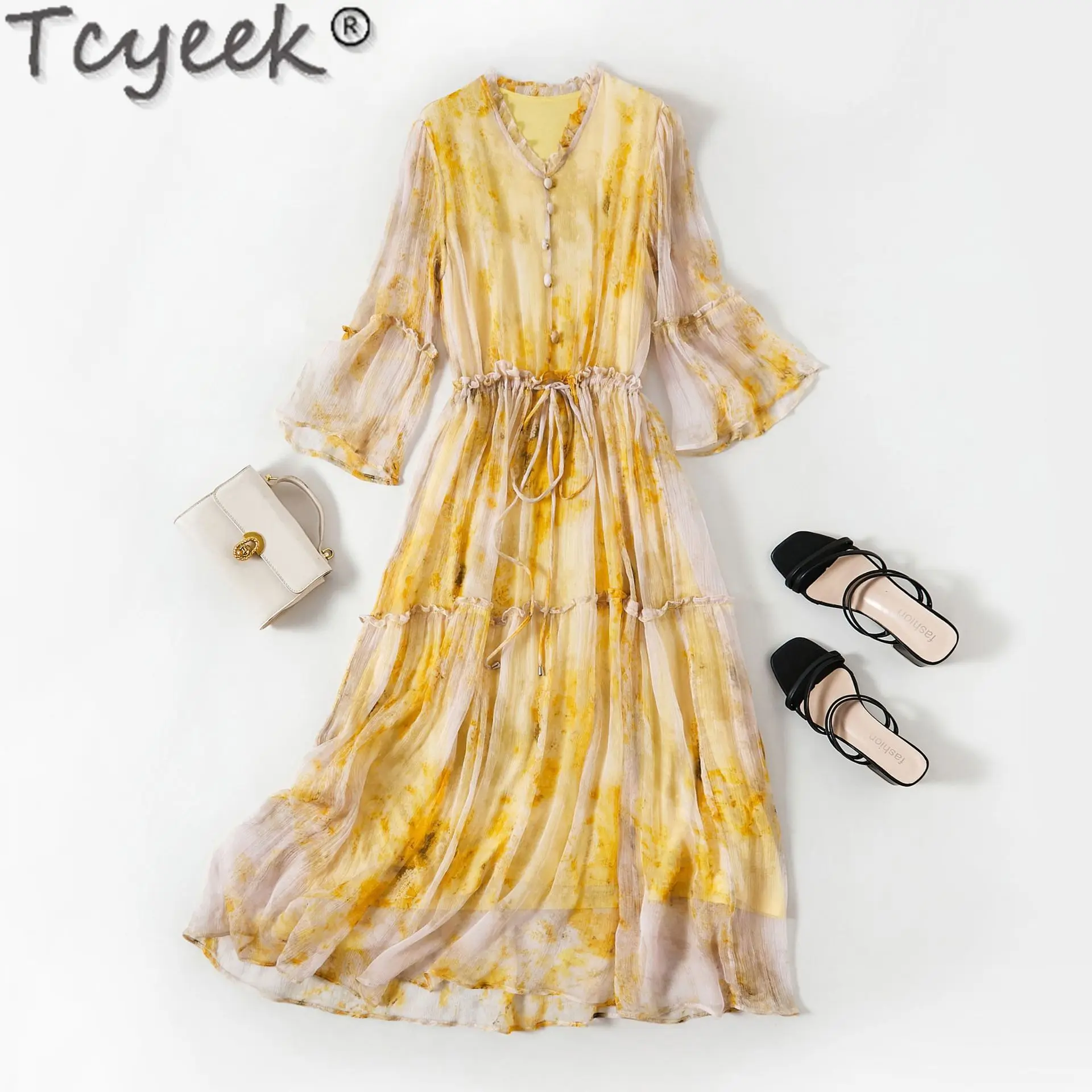 Tcyeek Pure Mulberry Silk Womens Dresses V-neck Beach Dress 2024 Elegant Women's Dresses Summer Clothes Print Vestidos De Mujer