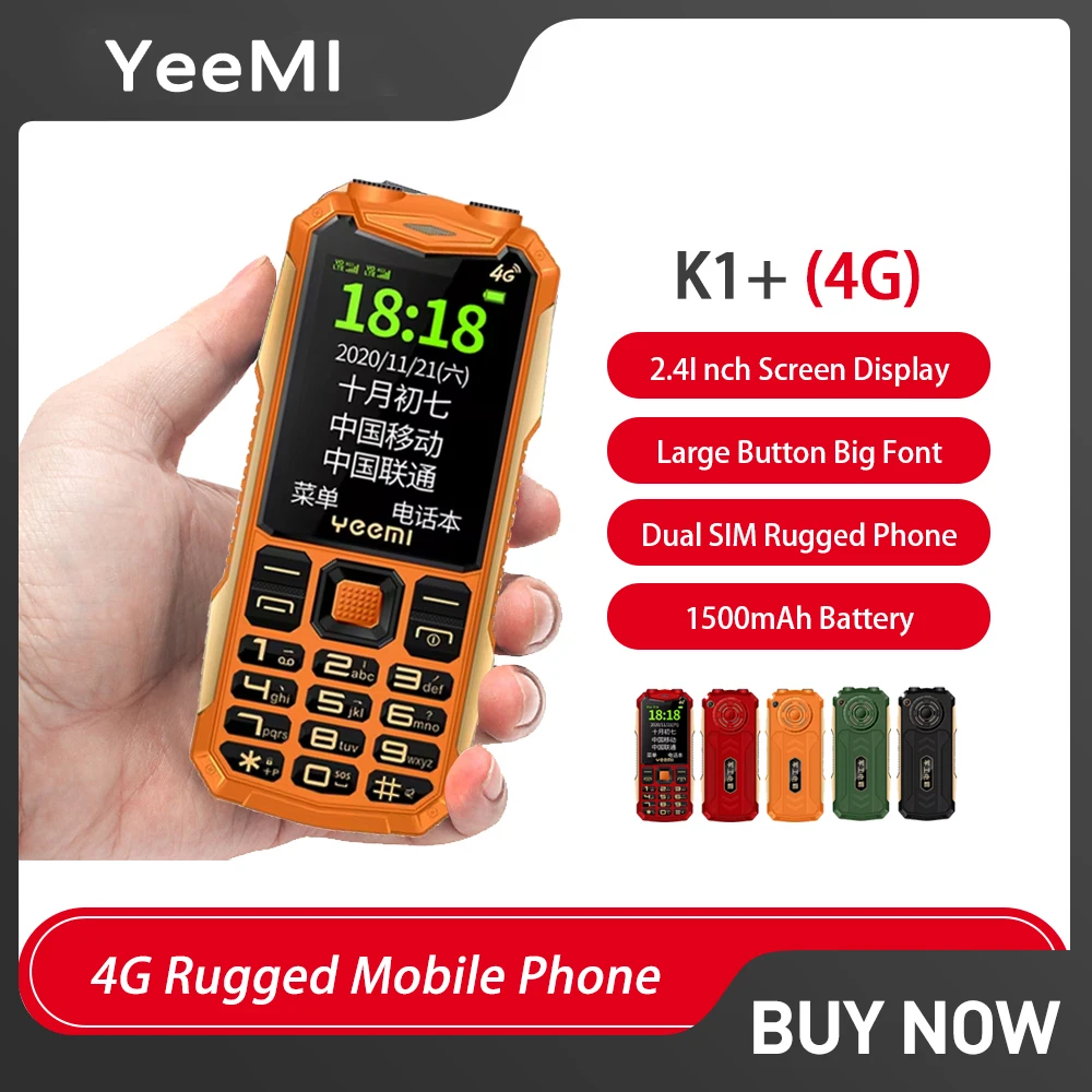 YeeMI K1+ Rugged Waterproof 4G Feature Phone 2.4Inch Big Loudspeaker LED Light Large Button Cellphone For Older Russian Keyboard