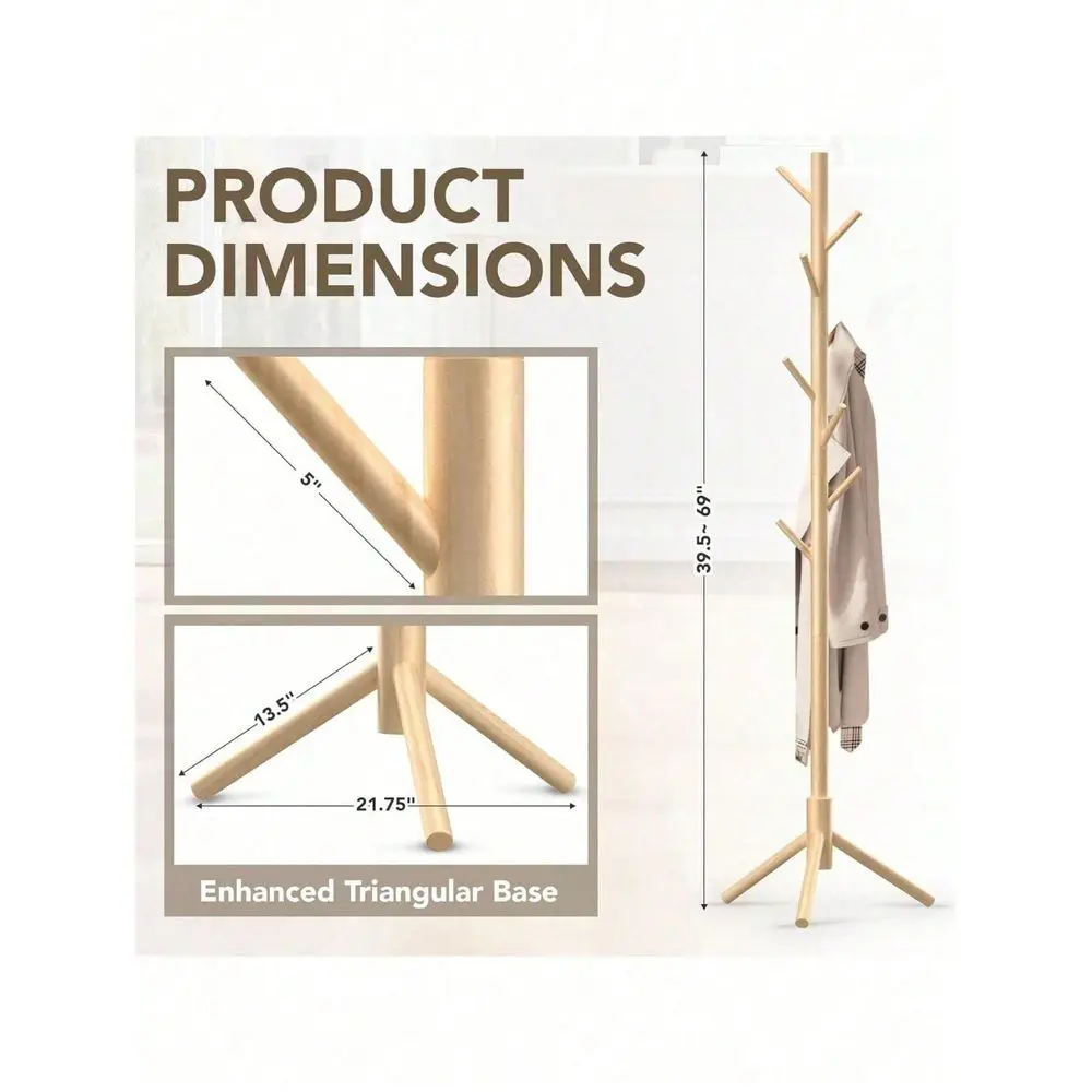 

Wooden Coat Rack Stand,Sturdy Freestanding Coat Rack With 8 Hooks,3 Adjustable Height For Child Adult,Wood Coat Stand Tree Fits