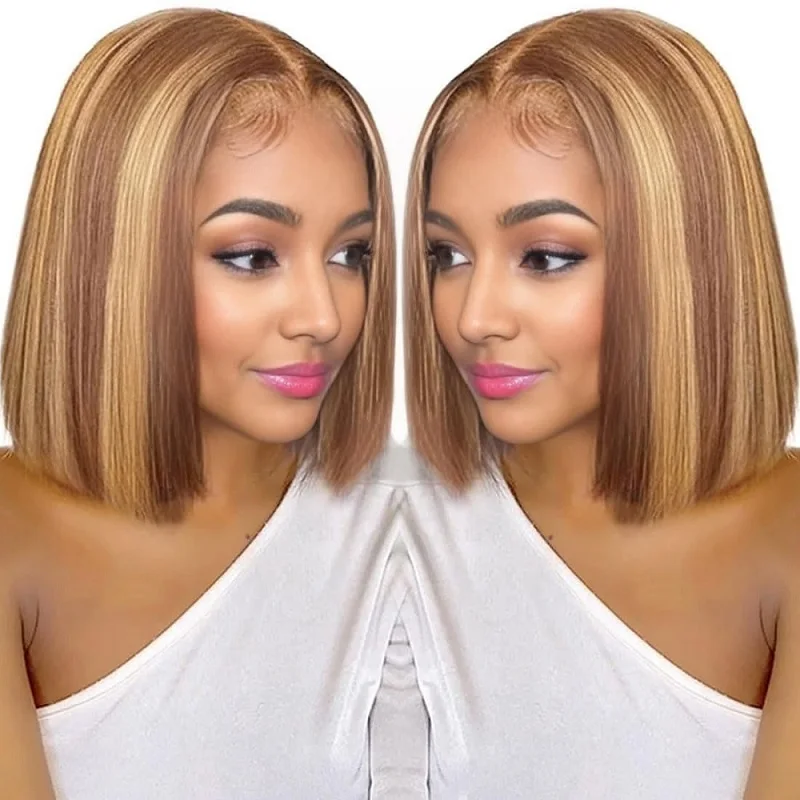 

Wear and Go Highlight Ombre Brown Glueless Wigs Human Hair Pre Plucked Pre Cut Short Bob 6x4 HD Lace Closure Glueless Wigs