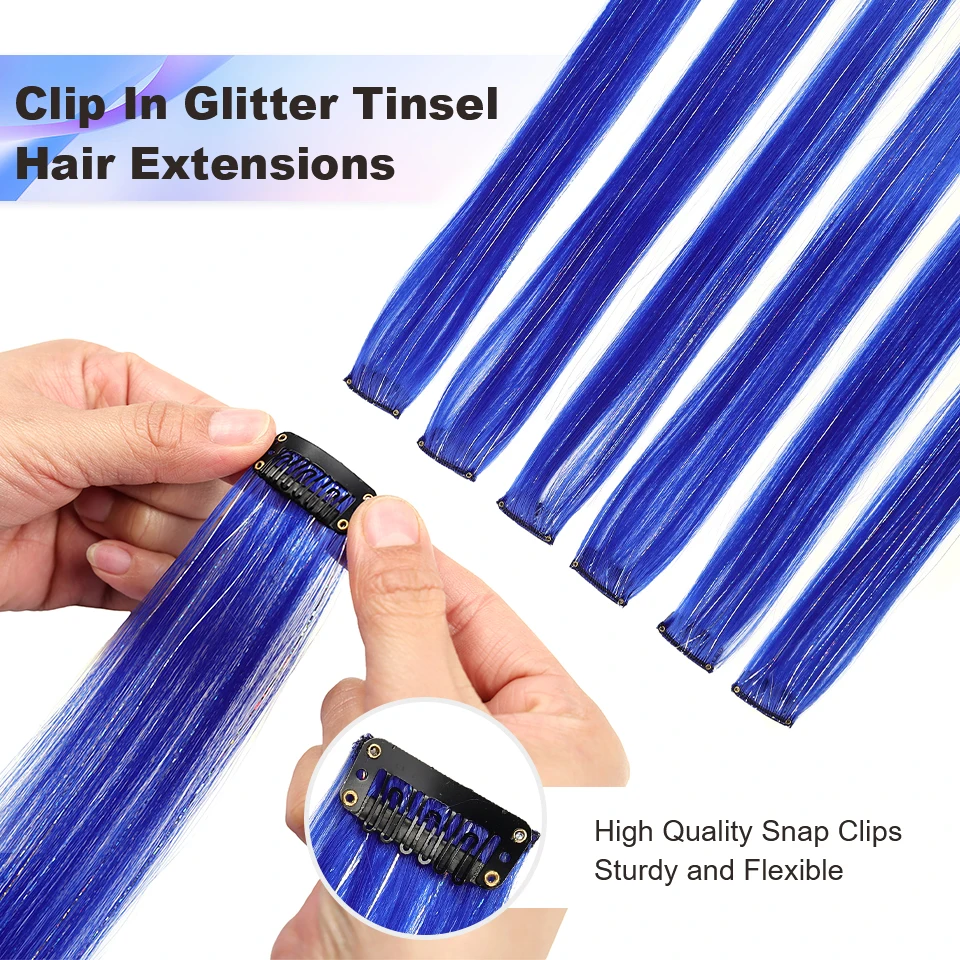 Synthetic Clip in Hair Extensions 12pcs/pack Clip in Colorful Hair Mixed Tinsels Glitter Hairpices for Women Girls Daily Party