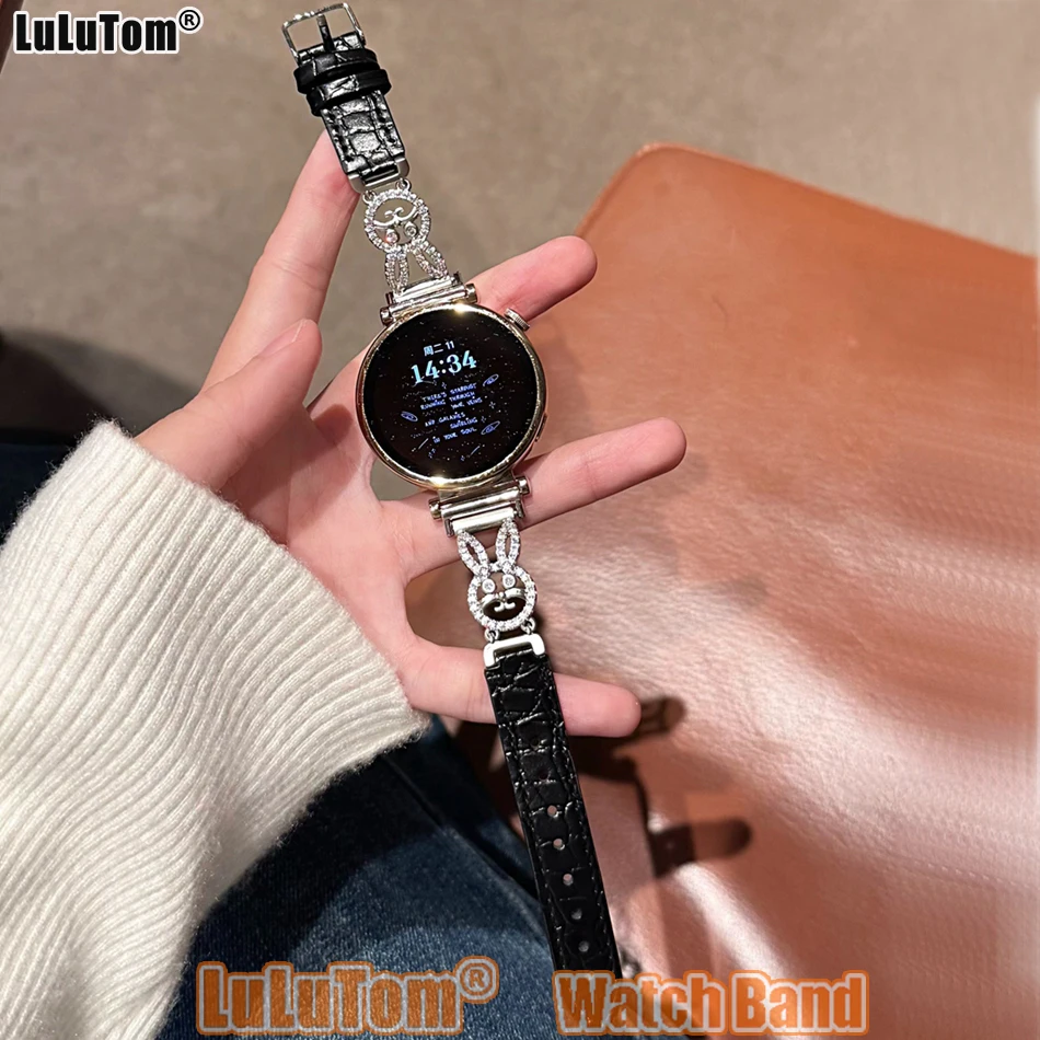 

Ремешок для часов с мультяшным кроликом для Samsung Galaxy Watch 8 Ultra 7 6 5 44/40 мм Huawei GT5 Pro 42/46 мм 18/20/22 мм кожаные ремешки с цирконом